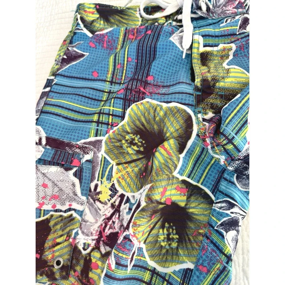 Joe‎ Boxer Mens Swim Trunks Blue Plaid Floral Tropical Board Shorts Small S/C